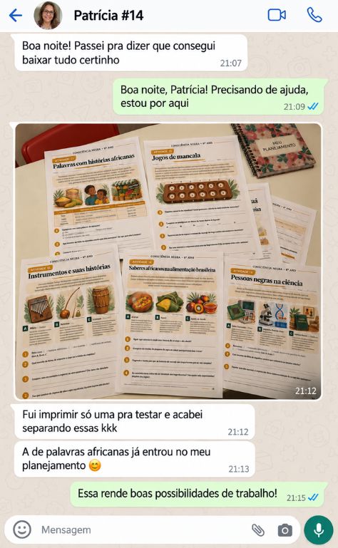 Conversa de WhatsApp com a professora Patrícia mostrando atividades impressas e organização do planejamento