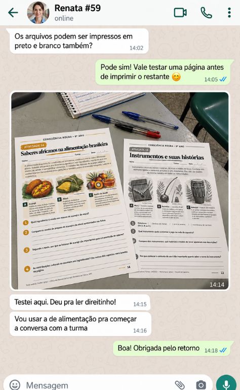 Conversa de WhatsApp com a professora Renata confirmando que a impressão em preto e branco ficou com ótima leitura