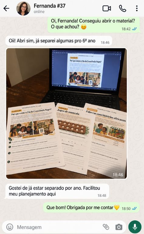 Conversa de WhatsApp com a professora Fernanda destacando que a separação por ano facilitou o planejamento