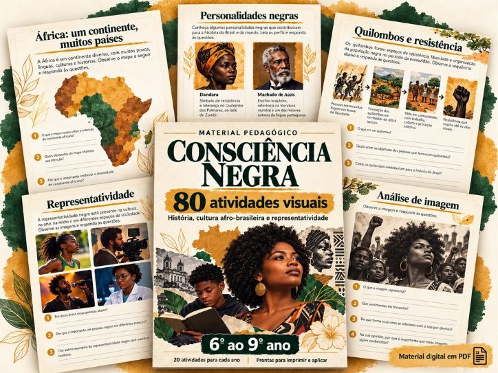 Composição com páginas do material pedagógico Consciência Negra - 80 atividades visuais para 6º ao 9º ano